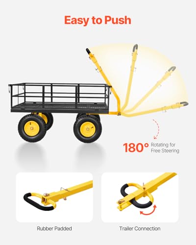 VEVOR Steel Garden Cart, 1200 lbs Heavy Duty Pullable Garden Wagon Yard Cart, 2 in 1 Outdoor Metal Utility Wagon Yard Trailer with 13" All Terrain Tires, Mesh Detachable Sides and 180° Rotating Handle - color: Yellow + Black