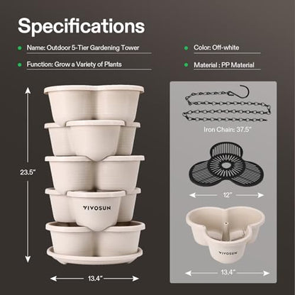 VIVOSUN 5 Tier Vertical Gardening Stackable Planter for Flowers, Ivory - size: 1 Pack