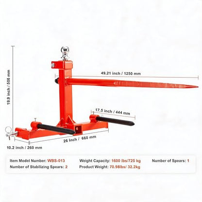 Garvee 49" Hay Spear, Bale Spears 1600lbs Loading Capacity, Three-Point Hitch Tractor Attachment with 2pcs 17.5" Stabilizer Spears, Quick Attach Spike Forks - size: 49"