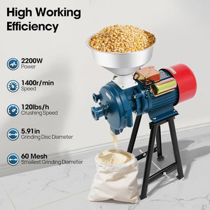 Electric Grain Grinder Mill Corn Grinder, Electric Grinder for Spices and Seeds, 2200W Dry Herb Wheat Cereals Rice Grinder, Feed Flour Grinding Machine with Funnel, US Shipping