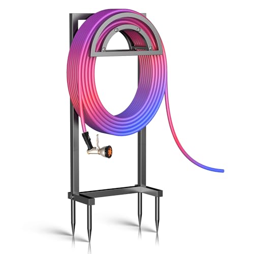 OLV Hose Holder Holds 150-ft Water Pipe, Outdoor Freestanding Heavy Duty Water Hose Holder Reel with 4 Spikes, Detachable Metal Hose Storage Stand Hanger Rack for Outside Yard Lawn Farm, Black - color: Black