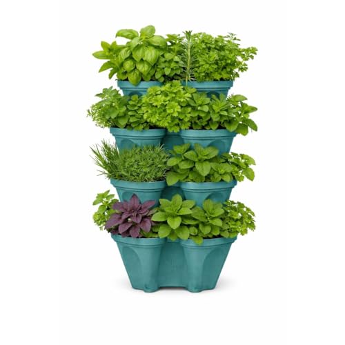 Large Vertical Planter Tower, 4 Tier Stackable Garden Planter, 16 Plant Sites, Heavy Duty Strawberry Planter, Vertical Growing System with Center Hole, Made in USA (Mineral Teal, Large) - color: Mineral Teal, size: Large