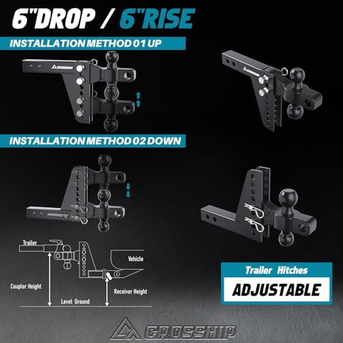 Adjustable Trailer Hitch Ball Mount for 2″ Receiver – Heavy Duty Tow Hitch with Dual 2″ & 2-5/16″ Balls, Height Adjustable for Trucks, RVs, Campers & Trailers (Up to 26,000lbs GTW) - CROSSHIP - size: 2" 6Drop-Dual Ball