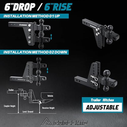 Adjustable Trailer Hitch Ball Mount for 2″ Receiver – Heavy Duty Tow Hitch with Dual 2″ & 2-5/16″ Balls, Height Adjustable for Trucks, RVs, Campers & Trailers (Up to 26,000lbs GTW) - CROSSHIP - size: 2" 6Drop-Dual Ball