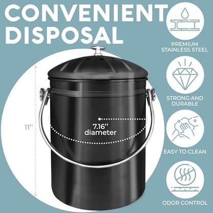 Epica Kitchen Compost Bin for Kicthen Countertops, 1.3 Galllon - Black - color: Black