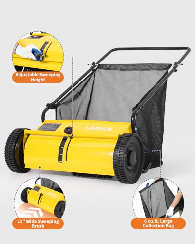 21" Push Lawn Sweeper, 6 Cu.Ft. Hopper, 3 V-Shaped Brushes, Height Adjustable - color: Yellow, size: 21in