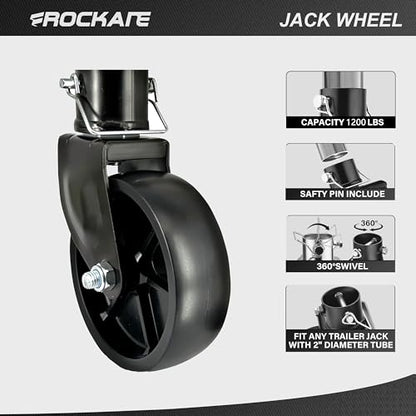 Rockane 6" Black Trailer Jack Swivel Caster Wheel Replacement, 1200Lbs - size: 1200LBs Black