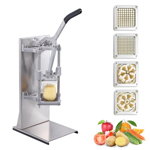 Commercial French Fry Cutter with 4 Size Blades, Stainless Steel 1/4″ 3/8″ 6 Wedges 6 Wedges to Core Chopper, Manual Potato Apple Lemon Slicer Cutting for Restaurant Home Kitchen, Sliver