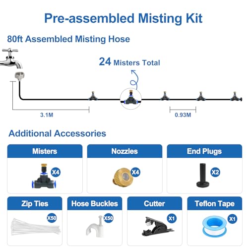 Pre-Assembled Misters for Outside Patio,Outdoor Misting System,80FT|24M. - size: 80FT-Pre