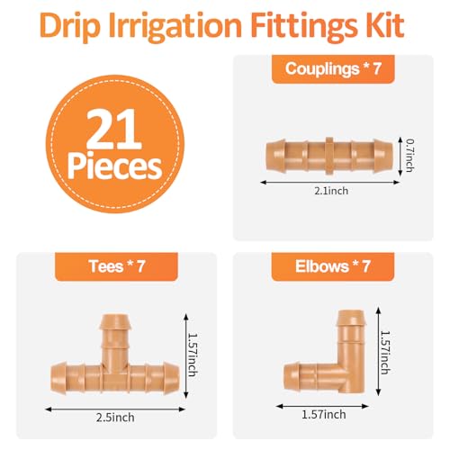 Drip Irrigation Fittings Kit for 1/2" Tubing, 21 Pieces Drip Line Barbed Connectors for 1/2 Inch Irrigation Tubing Includes 7 Couplings 7 Tees 7 Elbows - size: 1/2" 24P Barbed Fittings