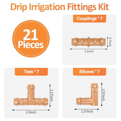 Drip Irrigation Fittings Kit for 1/2" Tubing, 21 Pieces Drip Line Barbed Connectors for 1/2 Inch Irrigation Tubing Includes 7 Couplings 7 Tees 7 Elbows - size: 1/2" 24P Barbed Fittings