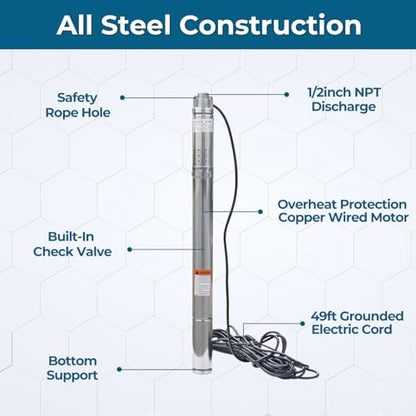 0.75HP Deep Well Pump, 220V/60Hz, 4.8GPM, 206ft Head Submersible Well Pumps with 49ft Electric Cord, 2.6" Stainless Steel Deep Well Water Pumps for Industrial, Irrigation & Home Use
