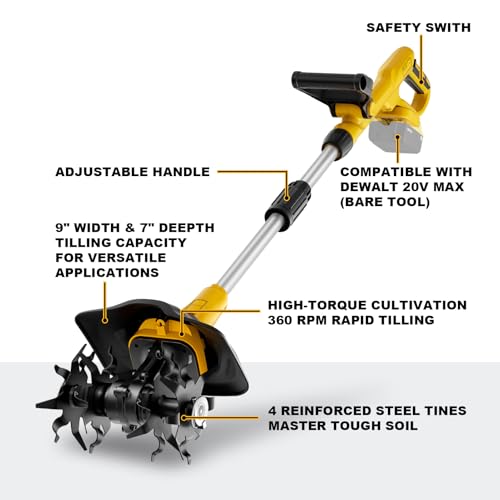 Cordless Garden 9" Tiller Cultivator for DeWalt 20V Max, Bare Tool