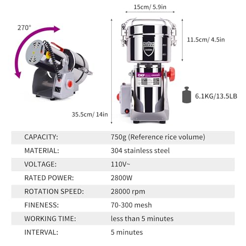 750g Grain Mill, 304 Stainless Steel Spice Grinder, 2800W High-speed Commercial Flour Mill, Superfine Flour Mill Grinder for Home, Grain Mill for Flour - size: 750g