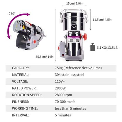 750g Grain Mill, 304 Stainless Steel Spice Grinder, 2800W High-speed Commercial Flour Mill, Superfine Flour Mill Grinder for Home, Grain Mill for Flour - size: 750g