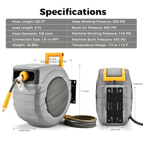 GLAHODEN Retractable Air Hose Reel, 3/8 in x 100 Ft Hybrid Hose Air Compressor Hose Reel with 6 Ft Lead in Max 300 PSI Patented Design for Any Length Lock 180°Swivel Bracket Quick Coupler - size: 3/8 inch 100 ft