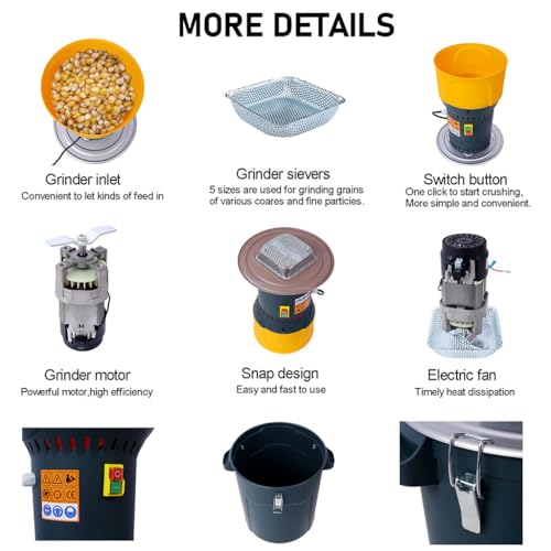 60L Electric Corn Mill Grinder, Grain Mill Grinder with 5 Grinder Sieves and 1 Wrench, Farm Home Feed Grinder with Detachable Bucket for Home and Farm(Dark Gray)
