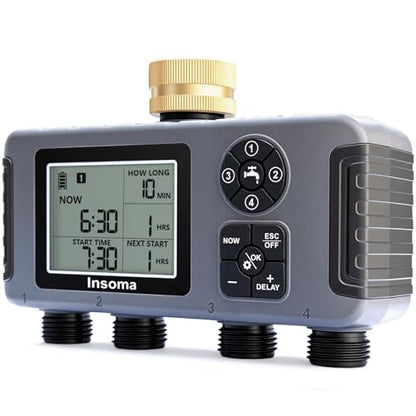 Insoma 4-Zone Water Timer with Brass Inlet, Automatic Garden Hose Timer with Manual/Rain Delay & Large Display, IPX5 Waterproof Faucet Timers for Sprinkler System, Yard, Lawn, Greenhouse - size: 4 Zone-Brass Inlet