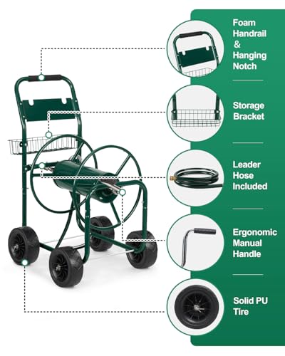 Outvita Garden Hose Reel Cart, Heavy Duty, 300 ft of 5/8" Hose, Green