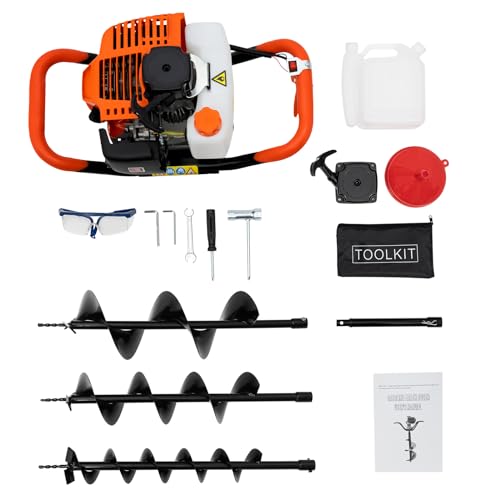 Post Hole Digger, 52CC 2.3HP Auger Post Hole Digger, Gas Powered Earth Digger with 3 Drill Bits Earth Auger (4“, 6”, 8") & 12" Extension Bar, Trencher Digger Machine for Farmland, Garden and Plant