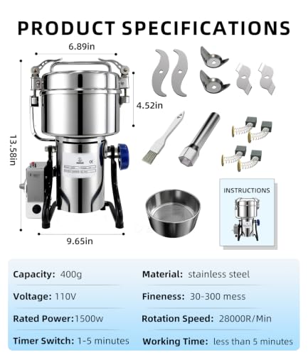 Electric Grain Mill 400g with Adjustable Lockable Angle for Wheat, Spices - size: 400g