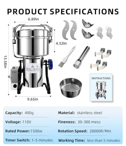 Electric Grain Mill 400g with Adjustable Lockable Angle for Wheat, Spices - size: 400g