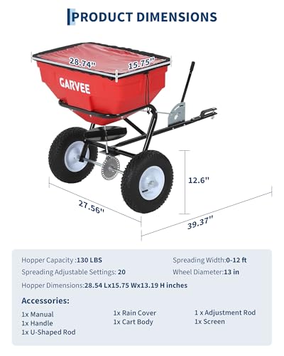 Tow Behind Broadcast Spreader, 125L, 30 Settings, 9.8 ft Spread, Red - color: Red