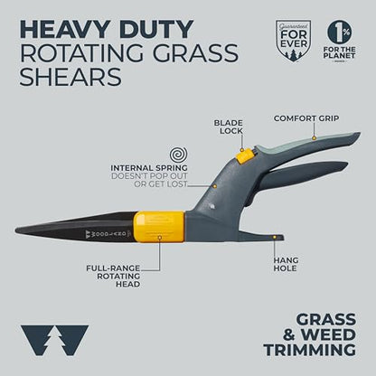Woodland Tools Heavy Duty Rotating Grass Shears – 180 Degree Pivoting Head, Non Stick Steel Blades, Ergonomic Grip, Manual Grass Clippers for Trimming Around Beds, Walkways, and Edges - style: Heavy Duty Rotating Grass Shears