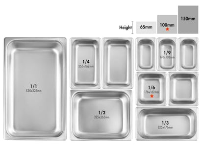 New Star Foodservice 1/6 Size Stainless Steel Steam Table Pan, 7.0 x 6.4 x 4.0", 18/8, 24 Gauge, NSF Certified, Set of 6 - size: 1/6, style: 4" Deep
