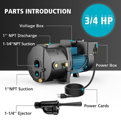 3/4HP Shallow/Deep Well Jet Pump with Ejector Kit, 115V/230V Durable Cast Iron Pump, Well Depth up to 50 ft, Automatic Pressure Switch, for Farm, Lawn, Garden - size: 3/4 HP Shallow/Deep Well Pump