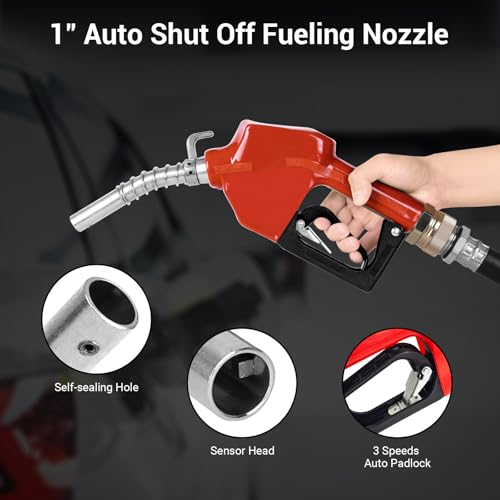 Fuel Hose Reel 1 Inch x 50ft - Heavy Duty Steel Construction, 300 PSI, Spring Driven Auto Rewind, Retractable Diesel Hose Reel with Fueling Nozzle for Truck, Farm, Aircraft, Ship,Tank Trailer - size: 1 Inch