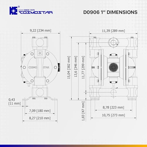 COSMOSTAR D0906 1" Double Air Diaphragm Pump - Aluminum Body, Teflon Ball, Seat and Diaphragm With Muffler - Chemical, Waste Oil, Pneumatic Oil Pump - size: D0906 1" Aluminum
