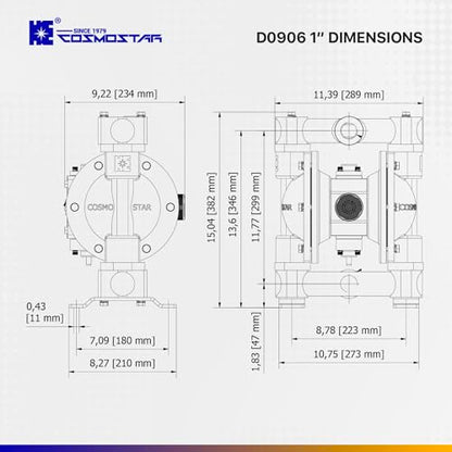 COSMOSTAR D0906 1" Double Air Diaphragm Pump - Aluminum Body, Teflon Ball, Seat and Diaphragm With Muffler - Chemical, Waste Oil, Pneumatic Oil Pump - size: D0906 1" Aluminum