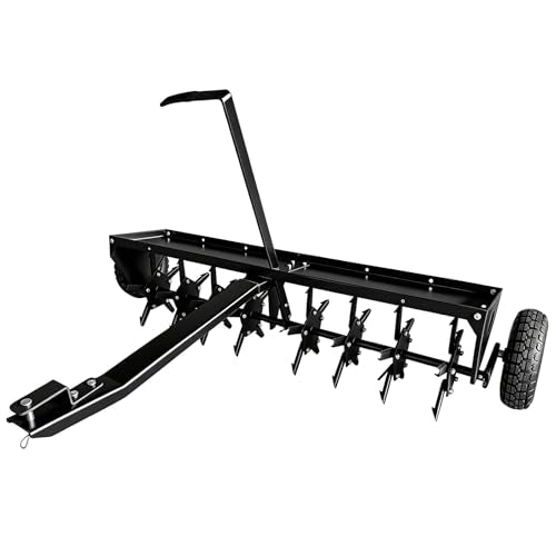 Tow-Behind Plug/Core Lawn Aerator, 48-Inch Heavy-Duty Steel Frame w/All-Purpose Hitch - 32 Steel Tines, 150 lb Weight Tray, Inflatable Wheels - Black - color: Black