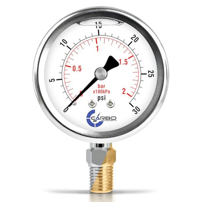 Carbo 30 PSI Liquid Filled Pressure Gauge with NIST Traceable Certificate, Calibrated in USA Lab, 2.5" Dial, 1/4 NPT Lower Mount, ASME Grade A, 304 SS Case, Brass Wetted Parts, PSI/Bar - size: 0-30 Psi, style: NIST TRACEABLE