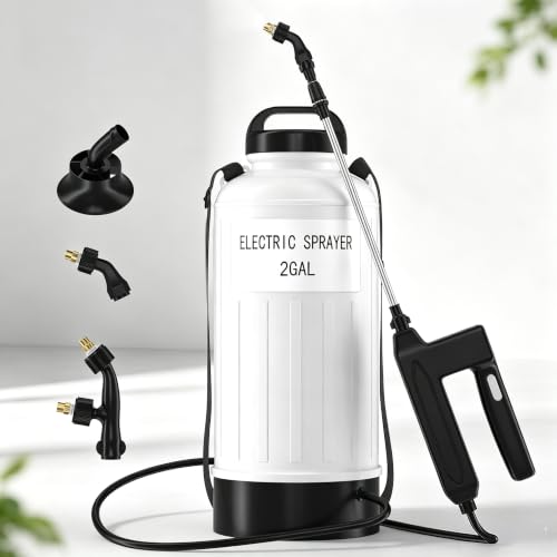 2 Gallon Battery Powered Sprayer, Electric Pump Sprayer with Thickened Tank, Wide Mouth, Kink-Proof Hose, Retractable Wand, 3 Adjustable Nozzles, Shoulder Strap for Lawn and Garden Cleaning