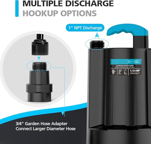 LEO 1/3 HP Automatic Sump Pump, 2250GPH Submersible Utility Pump, 20ft Cord - color: Dark