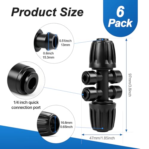 6 Pack 1/2" To 1/4" Drip Irrigation Fittings, 1/2 Inch (1/2" ID x 0.6-0.65" OD) Drip Line to 1/4 Inch Irrigation Tubing Adapter Anti-Drop Quick Connect Reducer 6 Way Tee Connectors - size: 1/2" to 1/4" (6 Way) Reducer-6P
