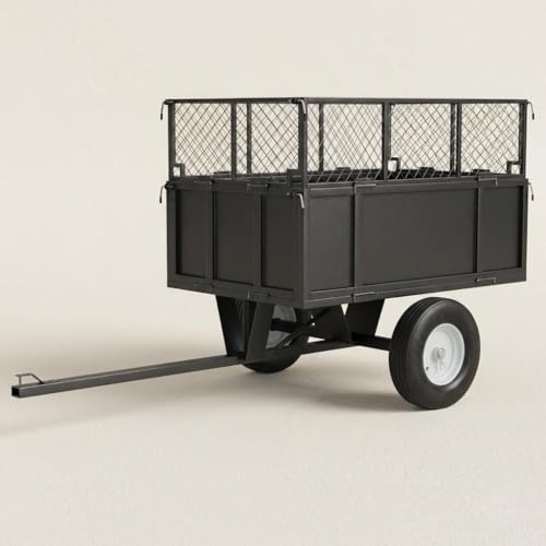 Garden Utility Trailer, 750 Lbs Heavy Duty Tow Behind Dump Cart 17 Cu.ft Steel Lawn Trailer with Foldable Mesh Fence, Universal Hitch Yard Trailer for Lawn Mower Tractor ATV UTV