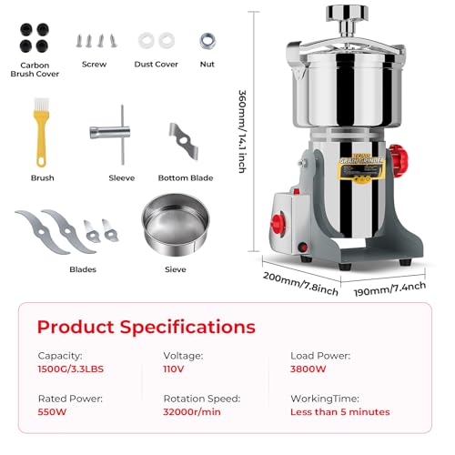 Grain Mill Grinder, 1500g Electric Grain Mill for Flour, 3800W High-speed Wheat Grinder with Bottle-Cap Style Sealing Lid, Commercial Powder Grinder for Dry Spice Bean Coffee Pepper,110V - size: 1500G
