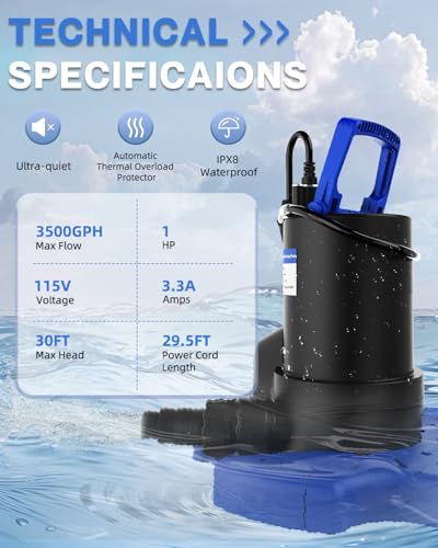 AgiiMan 1HP Automatic Pool Cover Pump, Submersible Sump Pump - color: Blue