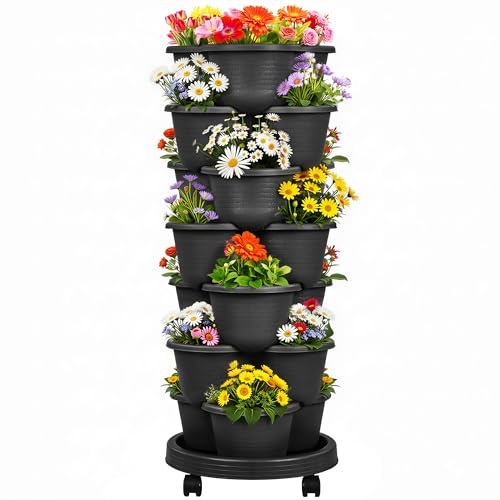 VECELO 7 Tier Vertical Garden Planter, Self Watering Stackable Planters with Wheels for Strawberries, Herbs, Flowers, Vegetables, Black - color: Black, size: 7 Tier