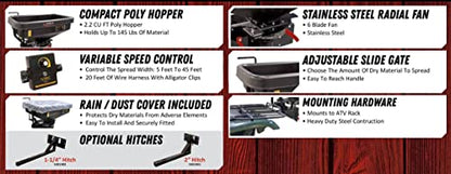 FIMCO 5301845 ATV Dry Material Spreader for Distribution & Broadcast, 12V, Polymer Hopper, 145 lbs