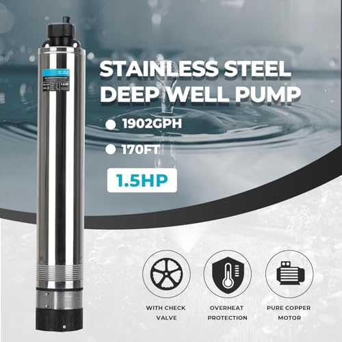 LEO 1.5HP Shallow Deep Well Pump 170FT Head Deep Well Submersible Pump - size: 1902GPH