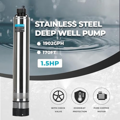 LEO 1.5HP Shallow Deep Well Pump 170FT Head Deep Well Submersible Pump - size: 1902GPH