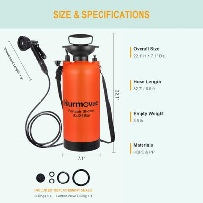 8L/2.1-Gal Portable Shower for Beach & Camping, 10 Spray Patterns - color: Orange-8L