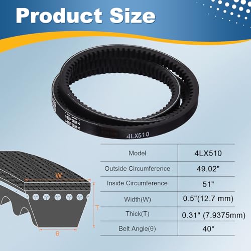 uxcell 4L510 Rubber V-Belt, 51" Outside Circumference x 0.5" Width x 0.31" Thick Raw Edge Cogged Industrial Rubber V Belt, Updated and Instead of Normal 4L for Lawn Garden Machinery - size: 4LX510