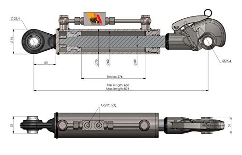 Hydraulic Top Link Cat 2+2 with Hook, 23-6"-33,65" / 8"Stroke with Valve+Hoses