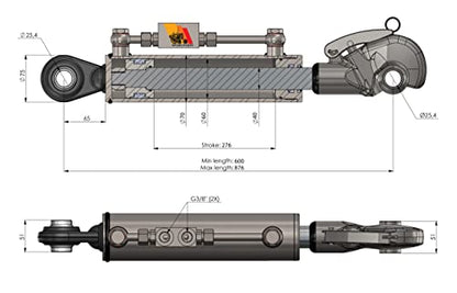 Hydraulic Top Link Cat 2+2 with Hook, 23-6"-33,65" / 8"Stroke with Valve+Hoses