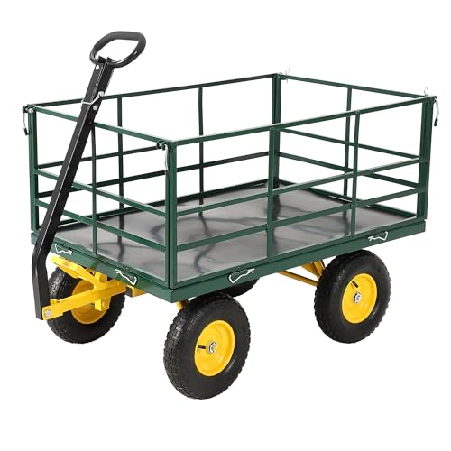 1500 lbs Heavy Duty Steel Garden Cart – 13-Inch All-Terrain Wheels, Removable Mesh Sides, Swivel Handle – Multipurpose Yard Wagon for Lawn, Farm, Tools, Firewood – Dark Green, Yellow Hubs, - color: Green